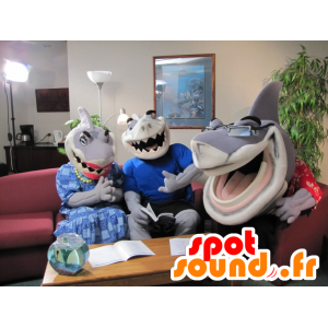 3 mascotte di squali grigi e bianchi, espressivo e divertente - MASFR21810 - Squalo mascotte