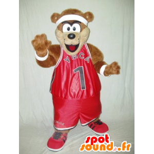 Brun bamse maskot, i rødt sportstøj - Spotsound maskot kostume