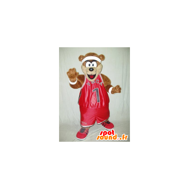 Brown teddy mascot, dressed in red sports - MASFR21811 - Bear mascot