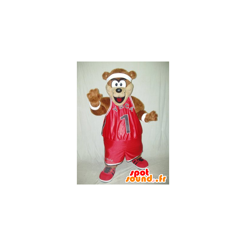 Brun nallebjörnmaskot, i röd sportkläder - Spotsound maskot