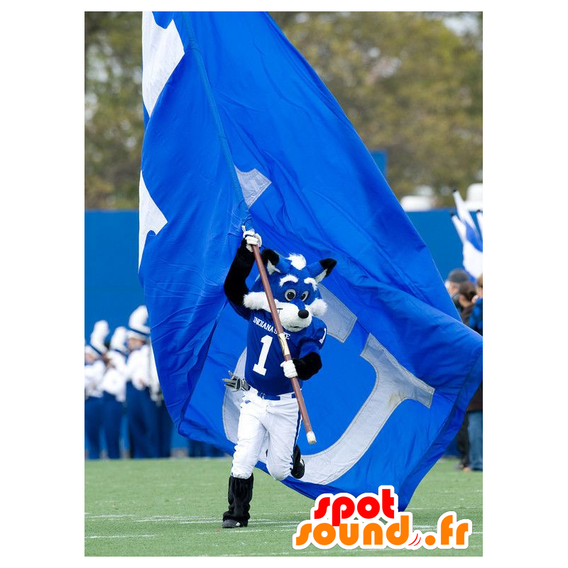 Blå og hvid rævmaskot i sportstøj - Spotsound maskot kostume Blå og hvid rævmaskot i sportstøj - Spotsound maskot kostume
