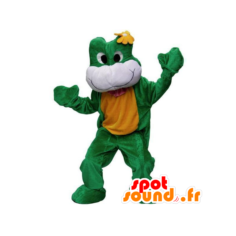 Grøn, hvid og gul frøemaskot - Spotsound maskot kostume