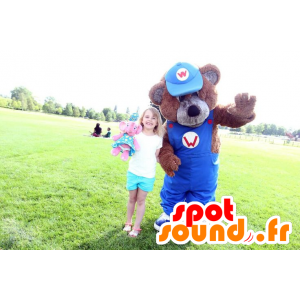 Brown orsacchiotto mascotte con tuta blu - MASFR21829 - Mascotte orso