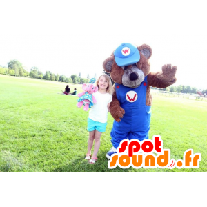 Mascotte de nounours marron avec une salopette bleue - MASFR21829 - Mascotte d'ours