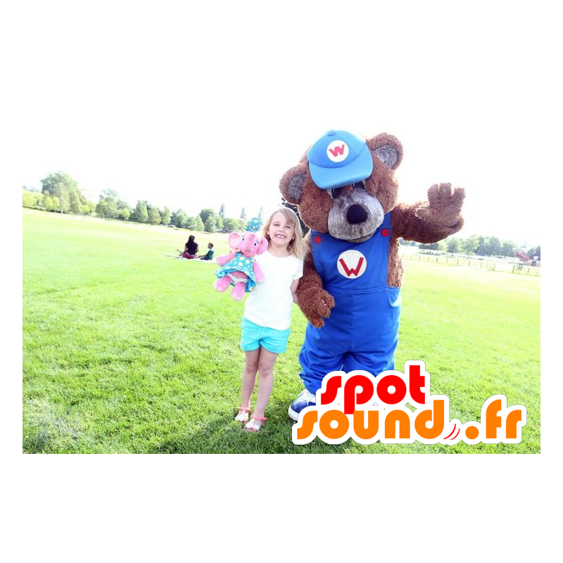 Brown teddy mascot with blue overalls - MASFR21829 - Bear mascot