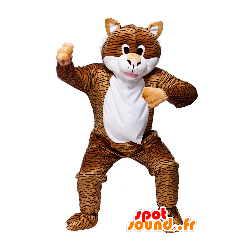 Tabby cat mascot, white, black and orange - MASFR21838 - Cat mascots