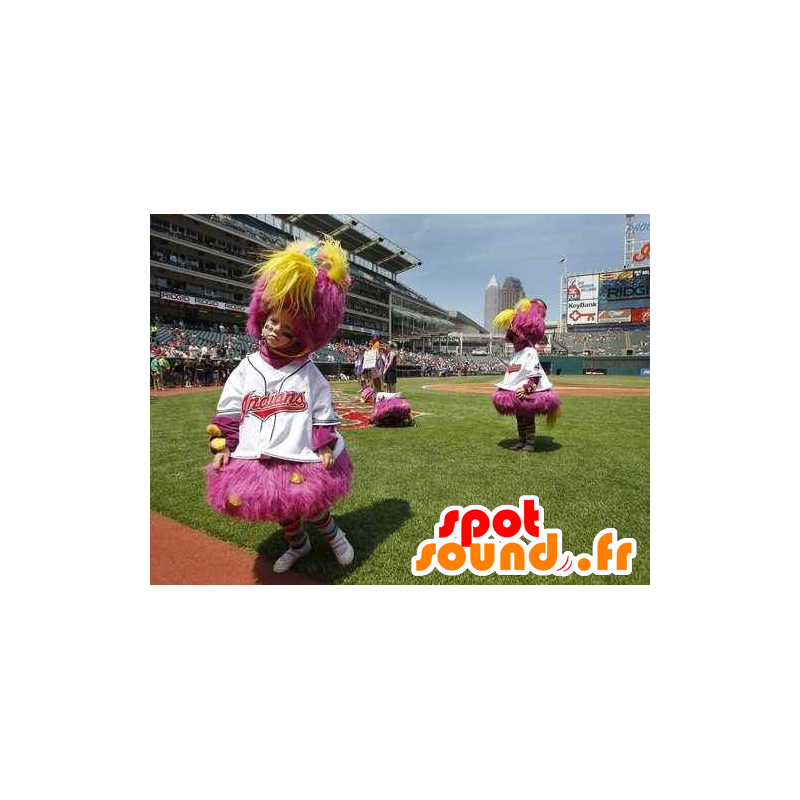 Pink and yellow bird mascot, hairy all - MASFR21848 - Mascot of birds Pink and yellow bird mascot, hairy all - MASFR21848 - Mascot of birds
