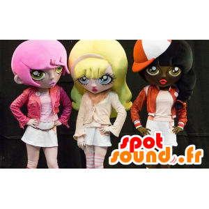 3 mascottes de filles de dessin animé, aux cheveux colorés - MASFR21859 - Mascottes Enfant