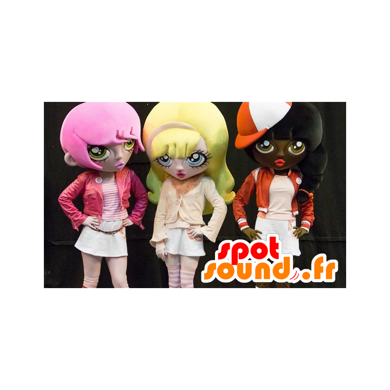 3 mascots cartoon girls, colored hair - MASFR21859 - Mascots child