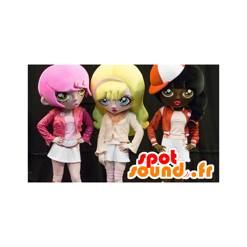 3 maskotar av tecknade flickor, med färgat hår - Spotsound