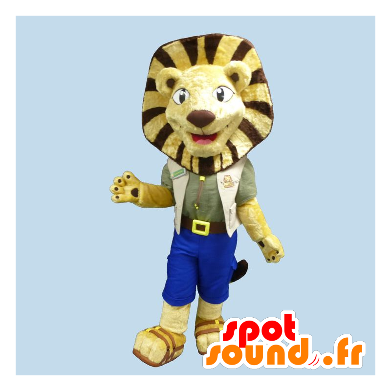 λιοντάρι μασκότ, κίτρινο και καφέ cub σε explorer - MASFR21866 - Λιοντάρι μασκότ