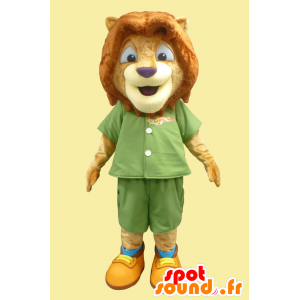 Mascotte de petit lion, de lionceau en tenue verte - MASFR21873 - Mascottes Lion