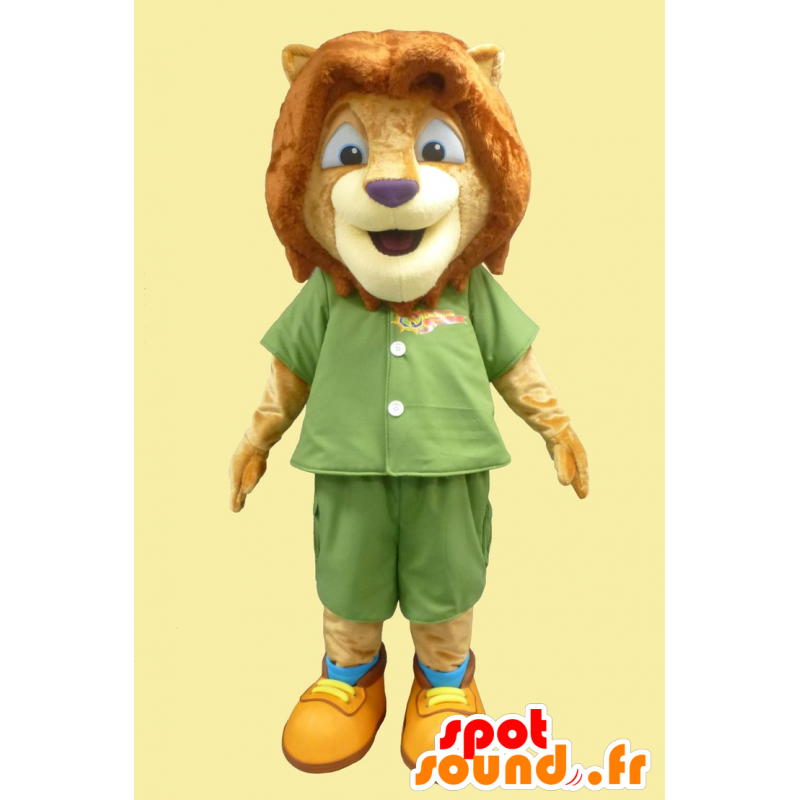 Mascotte de petit lion, de lionceau en tenue verte - MASFR21873 - Mascottes Lion