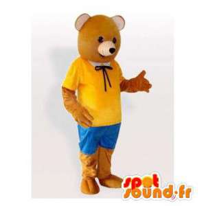 Brown bear mascot dressed in yellow and blue - MASFR006482 - Bear mascot