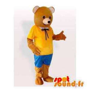 De mascote urso marrom no equipamento amarelo e azul - MASFR006482 - mascote do urso