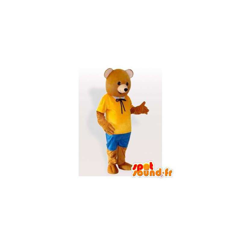 Brown bear mascot dressed in yellow and blue - MASFR006482 - Bear mascot