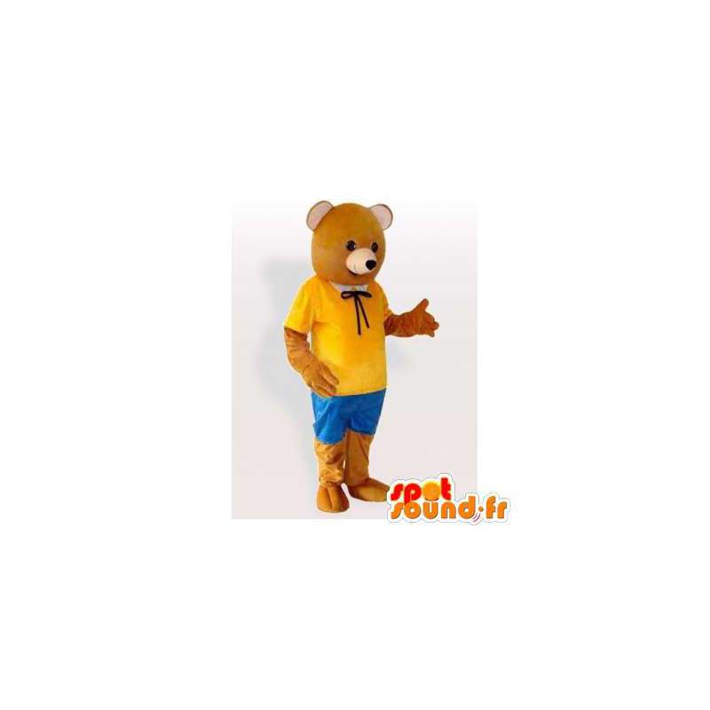 De mascote urso marrom no equipamento amarelo e azul - MASFR006482 - mascote do urso