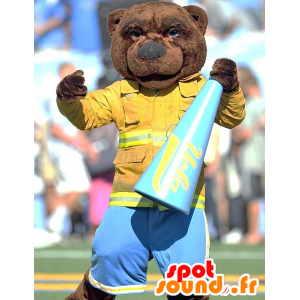 Mascot dressed as a firefighter brown bear - MASFR21880 - Bear mascot