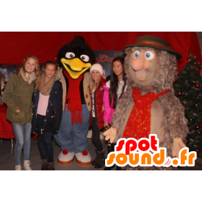 2 maskotar, en pingvin och en furry brun yeti - Spotsound maskot