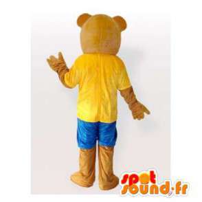 De mascote urso marrom no equipamento amarelo e azul - MASFR006482 - mascote do urso