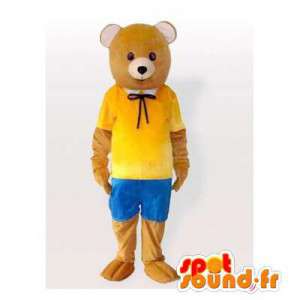 De mascote urso marrom no equipamento amarelo e azul - MASFR006482 - mascote do urso