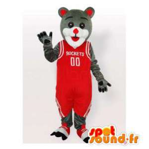 Cinzenta e branca mascote gato no basquete vermelho da terra arrendada - MASFR006483 - Mascotes gato