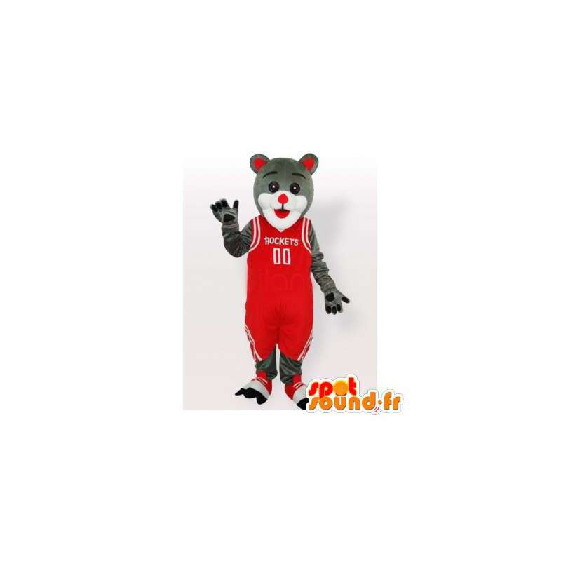 Cinzenta e branca mascote gato no basquete vermelho da terra arrendada - MASFR006483 - Mascotes gato