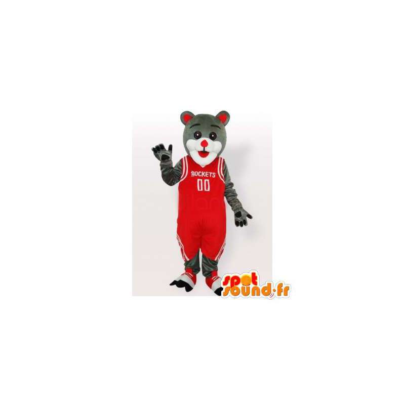 Šedá a bílá kočka maskot v červeném, držení basketbal - MASFR006483 - Cat Maskoti