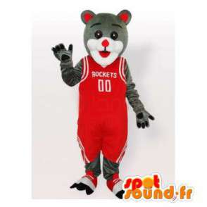 Cinzenta e branca mascote gato no basquete vermelho da terra arrendada - MASFR006483 - Mascotes gato