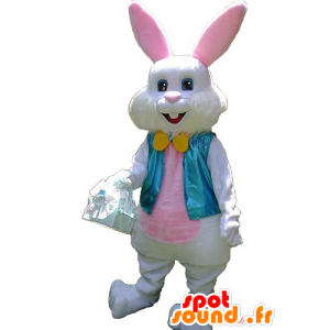 White and pink bunny mascot with a blue vest - MASFR21909 - Rabbit mascot