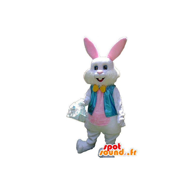 White and pink bunny mascot with a blue vest - MASFR21909 - Rabbit mascot