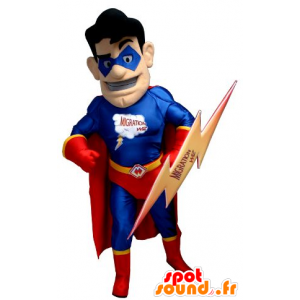 superhero μασκότ κρατώντας κόκκινα και μπλε, με ένα φλας - MASFR21910 - superhero μασκότ