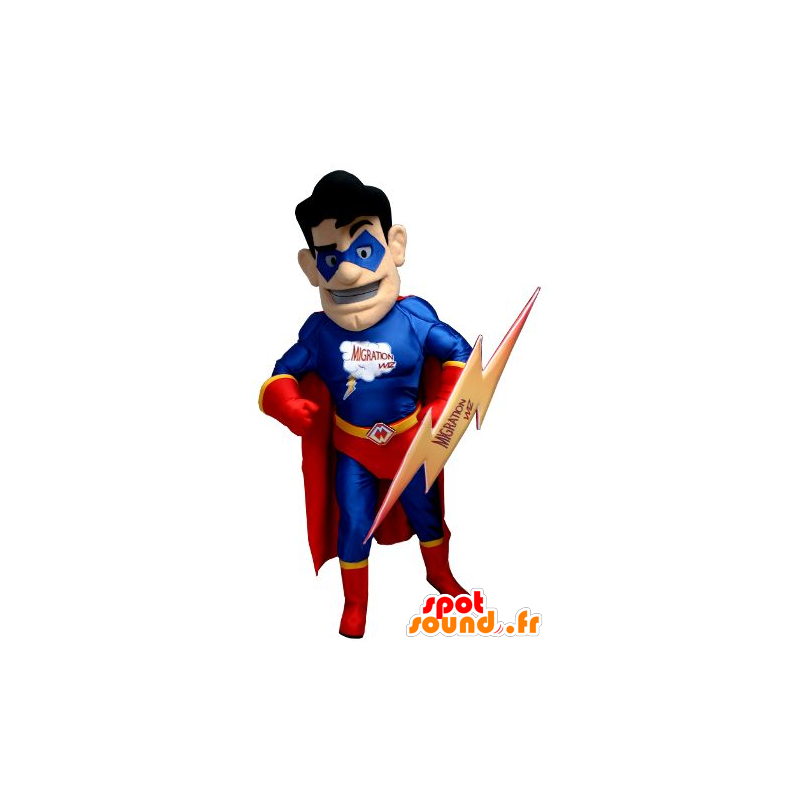 Mascotte de super-héros en tenue rouge et bleue, avec un éclair - MASFR21910 - Mascotte de super-héros