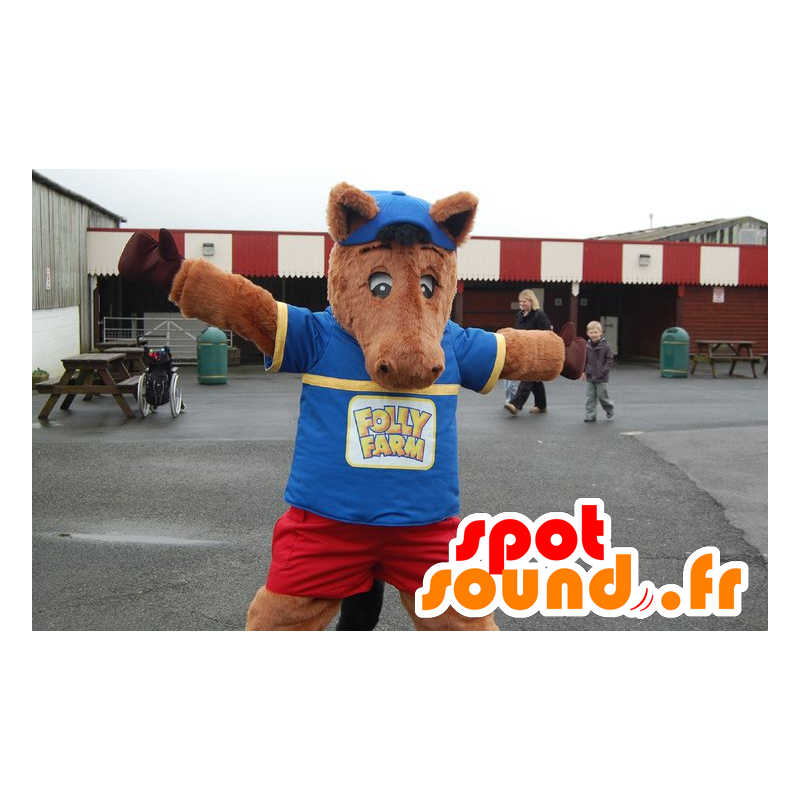 Hnědý kůň maskot, hříbě v modrém obleku a červené - MASFR21911 - kůň maskoti Hnědý kůň maskot, hříbě v modrém obleku a červené - MASFR21911 - kůň maskoti