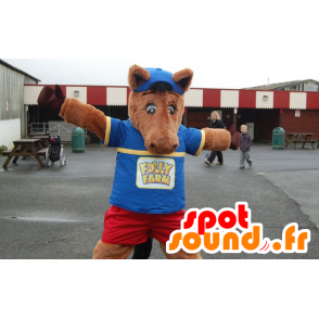 Hnědý kůň maskot, hříbě v modrém obleku a červené - MASFR21911 - kůň maskoti