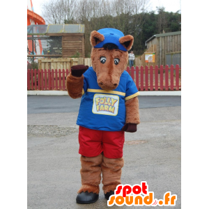 Brun hestemaskot, føl i blå og rød tøj - Spotsound maskot