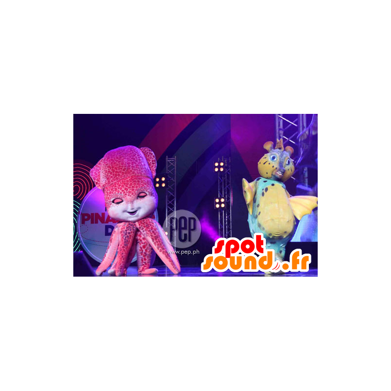 2 mascottes vissen, blauw en geel en een roze octopus - MASFR21916 - Fish Mascottes