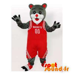 Grå og hvit katt maskot i rødt holding basketball - MASFR006483 - Cat Maskoter