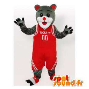 Gatto mascotte grigio e bianco vestito da basket rosso - MASFR006483 - Mascotte gatto