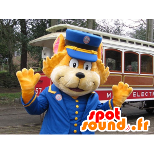 Arancione gatto mascotte vestita di conduttore del treno - MASFR21926 - Mascotte gatto