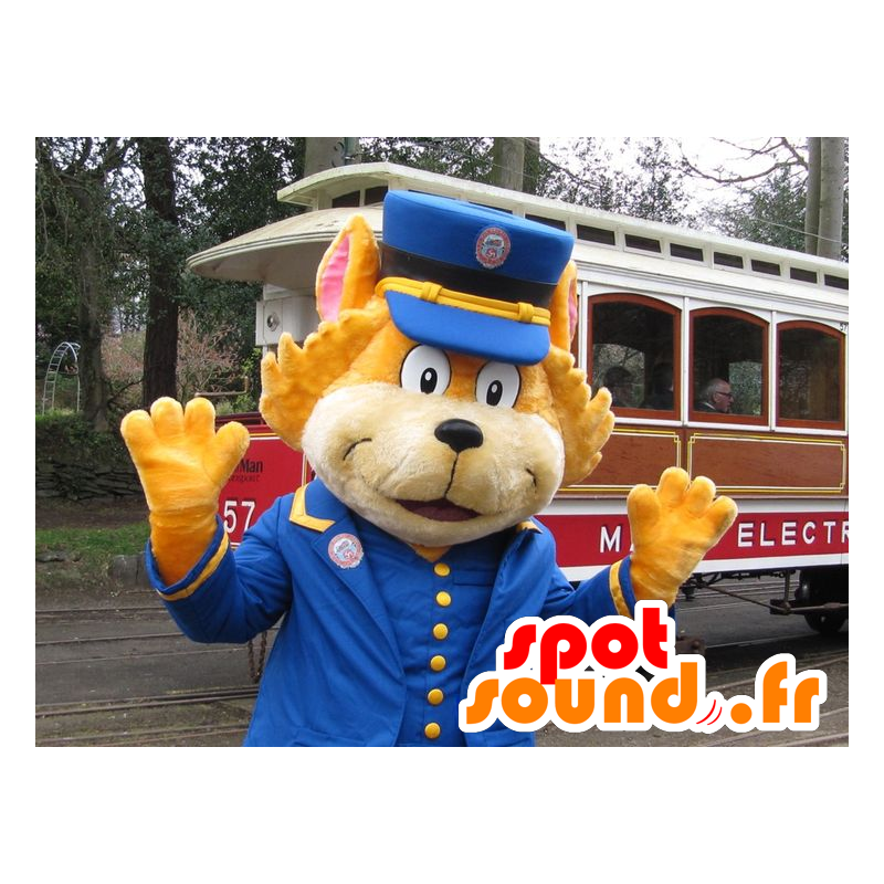 電車のコントローラーに扮したオレンジ色の猫のマスコット-MASFR21926-猫のマスコット
