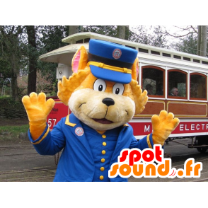 Arancione gatto mascotte vestita di conduttore del treno - MASFR21926 - Mascotte gatto
