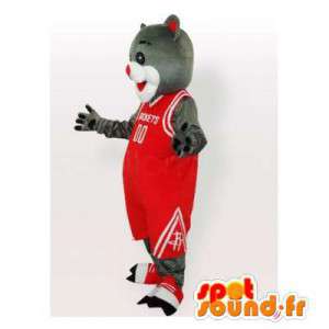 Gatto mascotte grigio e bianco vestito da basket rosso - MASFR006483 - Mascotte gatto