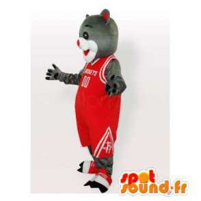 Grå og hvit katt maskot i rødt holding basketball - MASFR006483 - Cat Maskoter