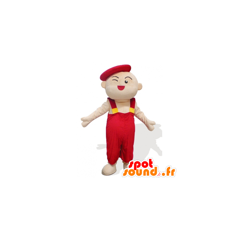Homem mascote, criança, artista, em macacões vermelhos - MASFR21927 - mascotes criança