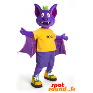 Mascotte de chauve-souris violette, jaune et verte - MASFR21934 - Mascotte de souris