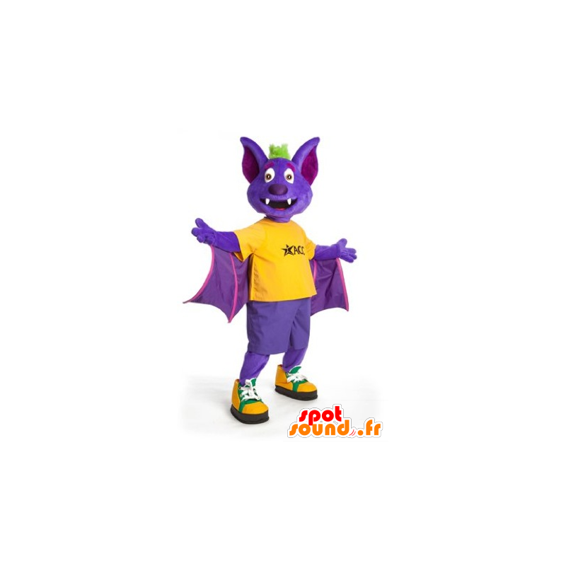 Mascotte de chauve-souris violette, jaune et verte - MASFR21934 - Mascotte de souris