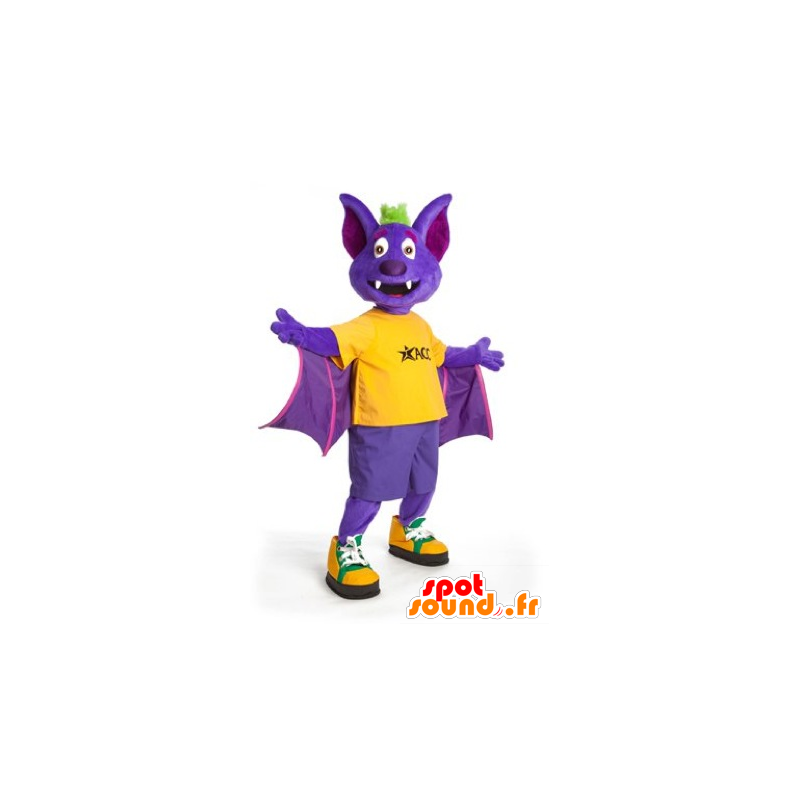 Mascotte pipistrello viola, giallo e verde - MASFR21934 - Mascotte del mouse