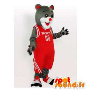 Szary i biały kot maskotka w czerwonym trzymającym koszykówki - MASFR006483 - Cat Maskotki