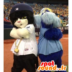 2 mascottes, un chat noir et blanc et un bonhomme bleu poilu - MASFR21940 - Mascottes de chat